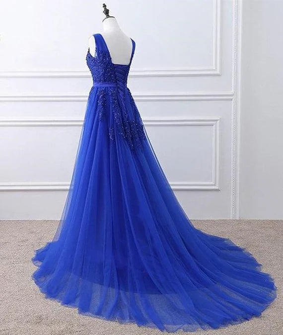 Light Grey Long Party Dress New Prom Dress A Line Sleeveless Royal Blue Evening Dress with Appliques