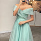 A-Line Off Shoulder Tea Length Tulle Homecoming Dress With Pleats Sparkly Party Dresses