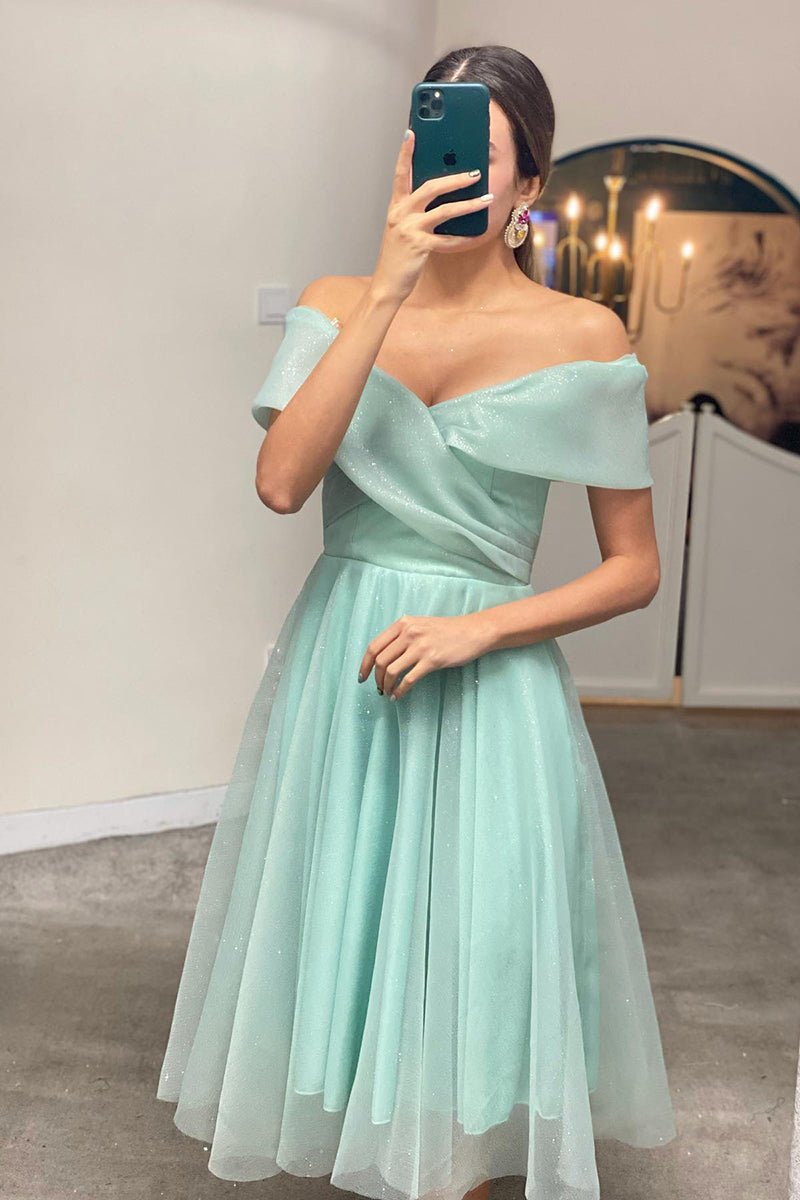 A-Line Off Shoulder Tea Length Tulle Homecoming Dress With Pleats Sparkly Party Dresses