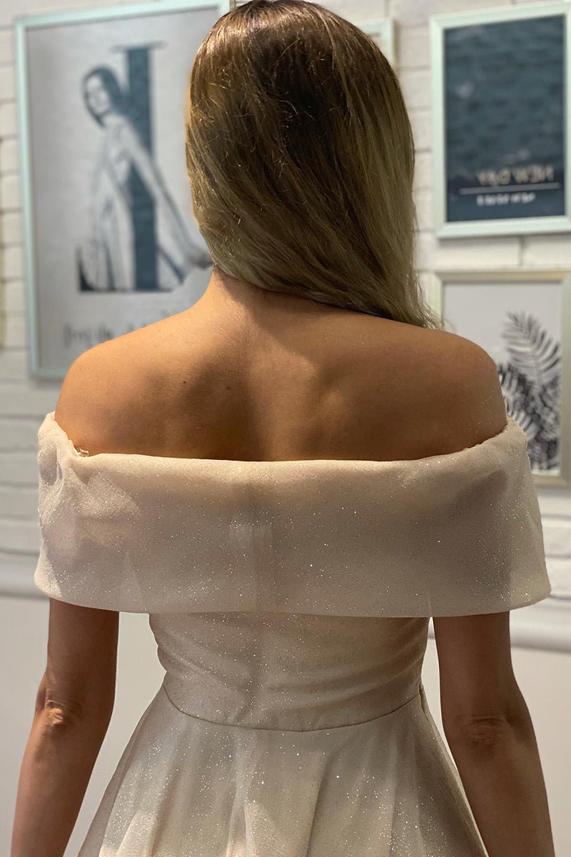 A-Line Off Shoulder Tea Length Tulle Homecoming Dress With Pleats Sparkly Party Dresses