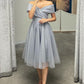A-Line Off Shoulder Tea Length Tulle Homecoming Dress With Pleats Sparkly Party Dresses