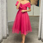 A-Line Off Shoulder Tea Length Tulle Homecoming Dress With Pleats Sparkly Party Dresses