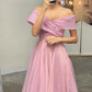 A-Line Off Shoulder Tea Length Tulle Homecoming Dress With Pleats Sparkly Party Dresses