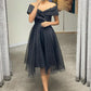 A-Line Off Shoulder Tea Length Tulle Homecoming Dress With Pleats Sparkly Party Dresses