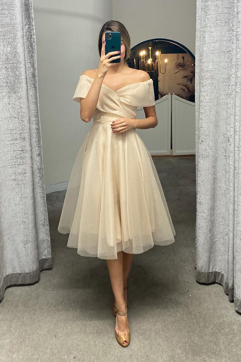 A-Line Off Shoulder Tea Length Tulle Homecoming Dress With Pleats Sparkly Party Dresses