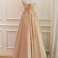 A Line Off the Shoulder Champagne Sequins Long Prom Dress Sparkly Evening Dresses