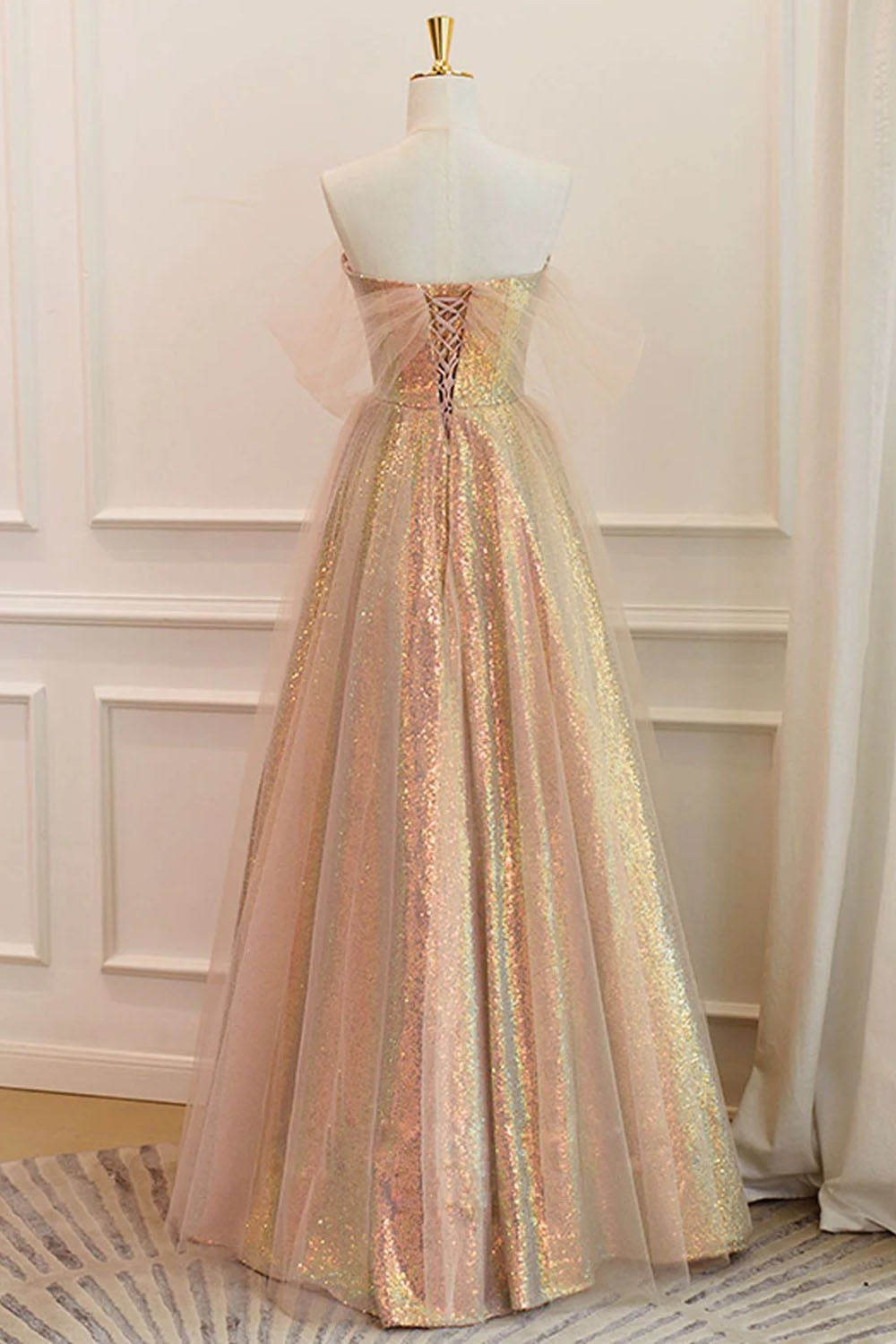 A Line Off the Shoulder Champagne Sequins Long Prom Dress Sparkly Evening Dresses