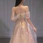 A Line Off the Shoulder Champagne Sequins Long Prom Dress Sparkly Evening Dresses