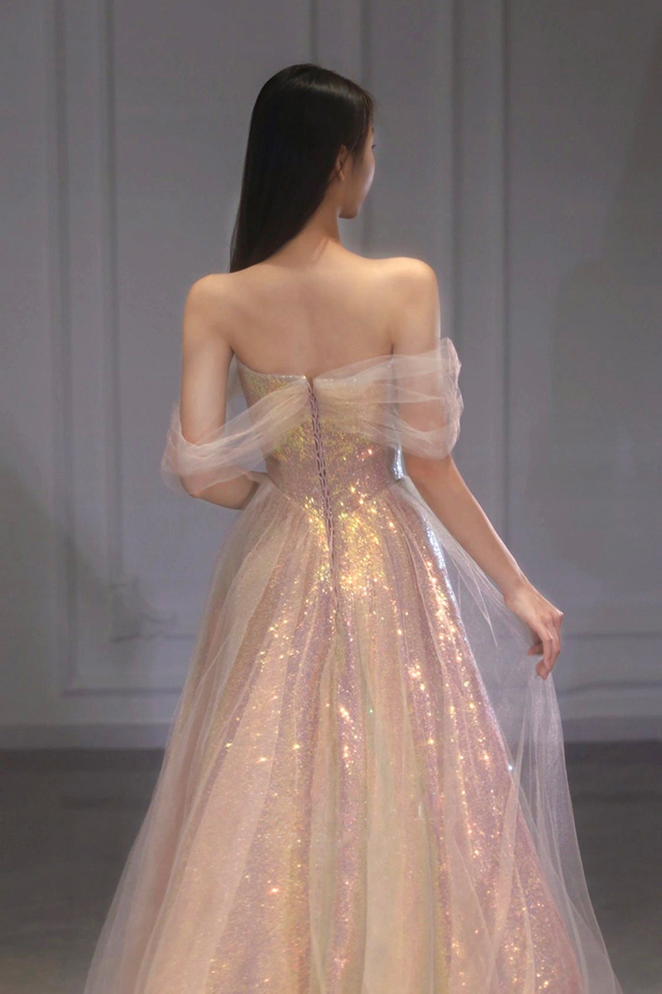 A Line Off the Shoulder Champagne Sequins Long Prom Dress Sparkly Evening Dresses