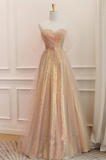 A Line Off the Shoulder Champagne Sequins Long Prom Dress Sparkly Evening Dresses