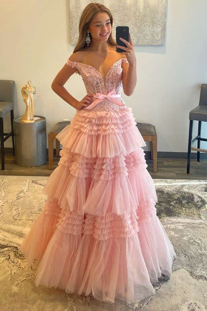 A-Line Princess Tulle Off-the-Shoulder Tiered Prom Dresses V-neck Beautiful