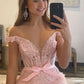 A-Line Princess Tulle Off-the-Shoulder Tiered Prom Dresses V-neck Beautiful