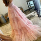 A-Line Princess Tulle Off-the-Shoulder Tiered Prom Dresses V-neck Beautiful