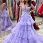 A-Line Princess Tulle Off-the-Shoulder Tiered Prom Dresses V-neck Beautiful