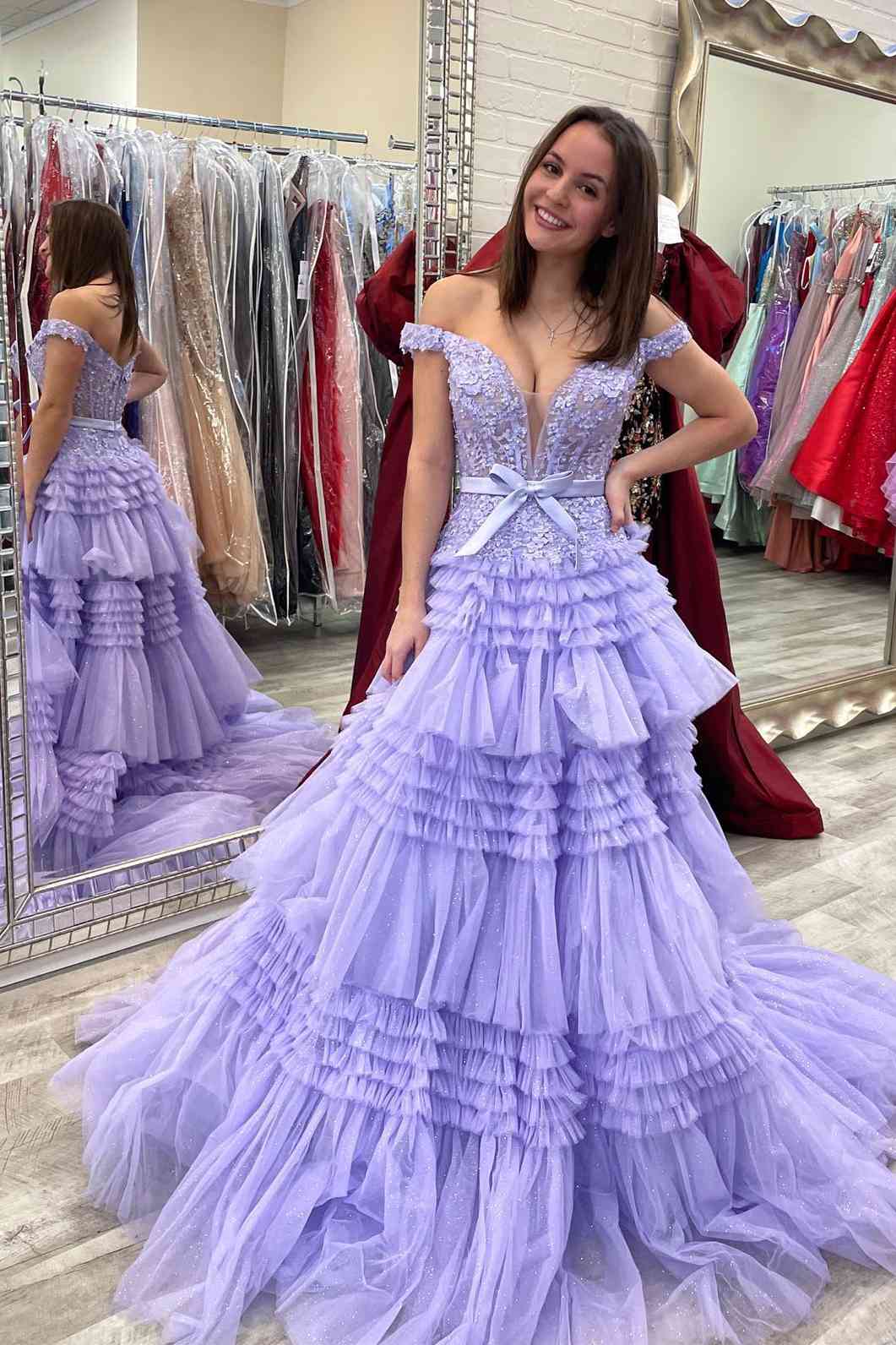 A-Line Princess Tulle Off-the-Shoulder Tiered Prom Dresses V-neck Beautiful