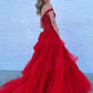 A-Line Princess Tulle Off-the-Shoulder Tiered Prom Dresses V-neck Beautiful