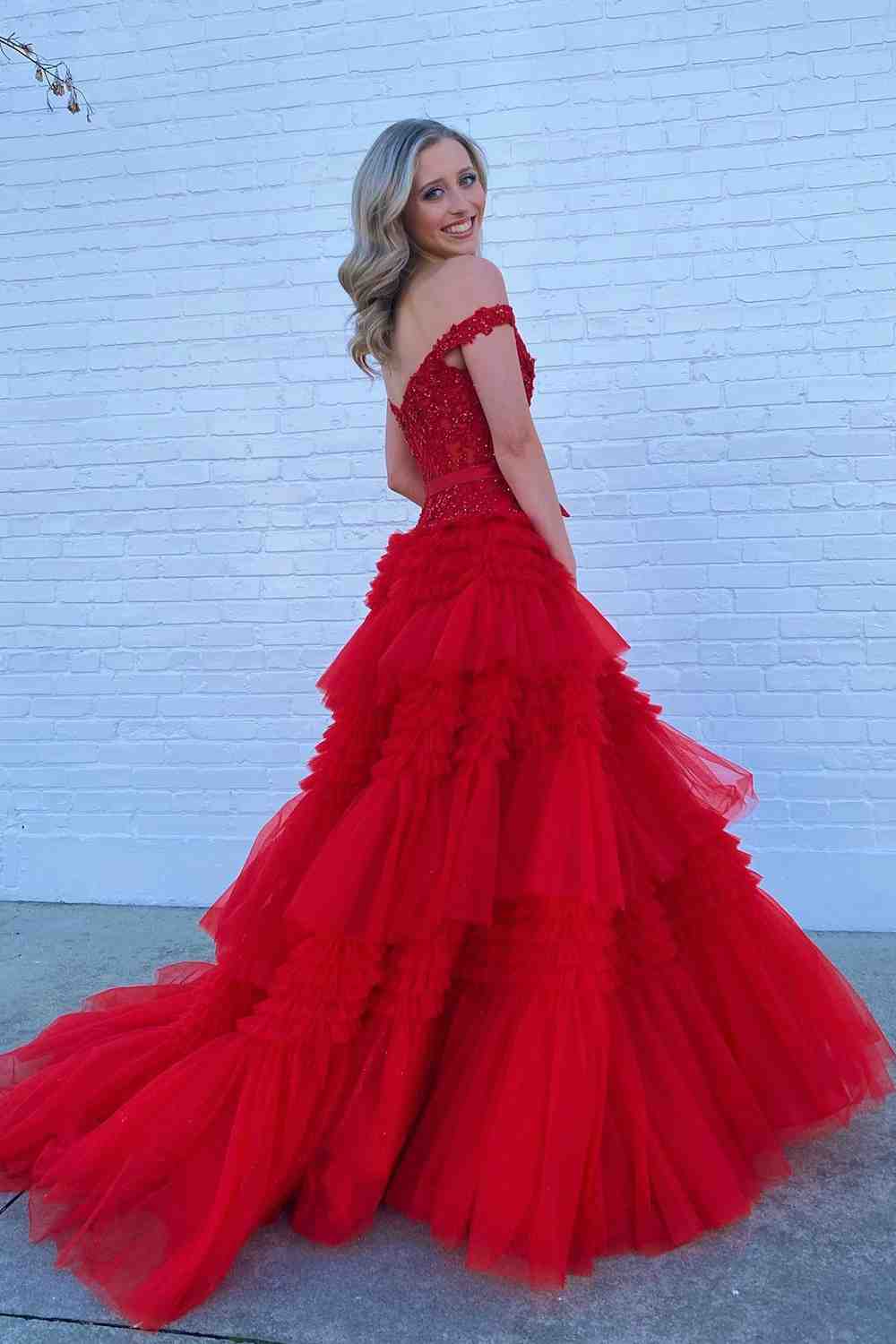 A-Line Princess Tulle Off-the-Shoulder Tiered Prom Dresses V-neck Beautiful