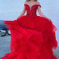 A-Line Princess Tulle Off-the-Shoulder Tiered Prom Dresses V-neck Beautiful