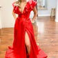 A Line Satin V-Neck Ruffled Sleeve Empire Slit Long Prom Dress Sexy Party Dress