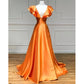 A Line Satin V-Neck Ruffled Sleeve Empire Slit Long Prom Dress Sexy Party Dress