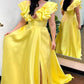 A Line Satin V-Neck Ruffled Sleeve Empire Slit Long Prom Dress Sexy Party Dress