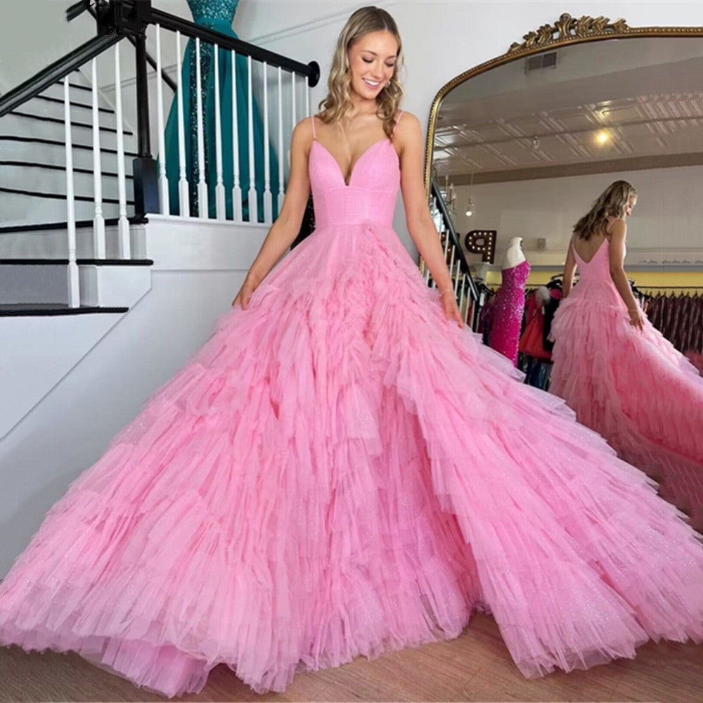 A-Line Spaghetti Straps Tulle Tiered Princecss Prom Dress Floor Length V-neck Sexy