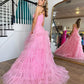 A-Line Spaghetti Straps Tulle Tiered Princecss Prom Dress Floor Length V-neck Sexy