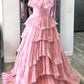 A Line Strapless Princess Tulle Layers Ruffles Long Prom Dress Off Shoulder