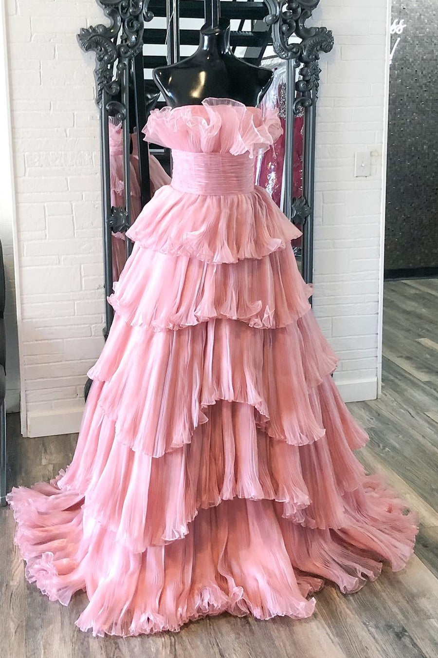 A Line Strapless Princess Tulle Layers Ruffles Long Prom Dress Off Shoulder