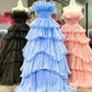 A Line Strapless Princess Tulle Layers Ruffles Long Prom Dress Off Shoulder