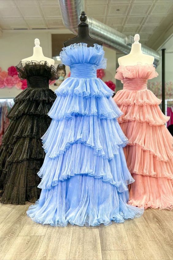 A Line Strapless Princess Tulle Layers Ruffles Long Prom Dress Off Shoulder