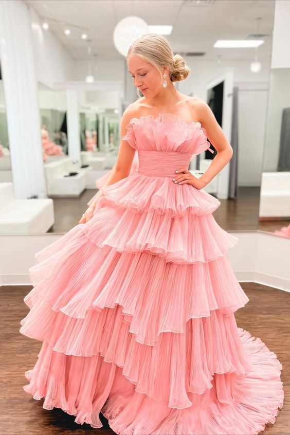 A Line Strapless Princess Tulle Layers Ruffles Long Prom Dress Off Shoulder