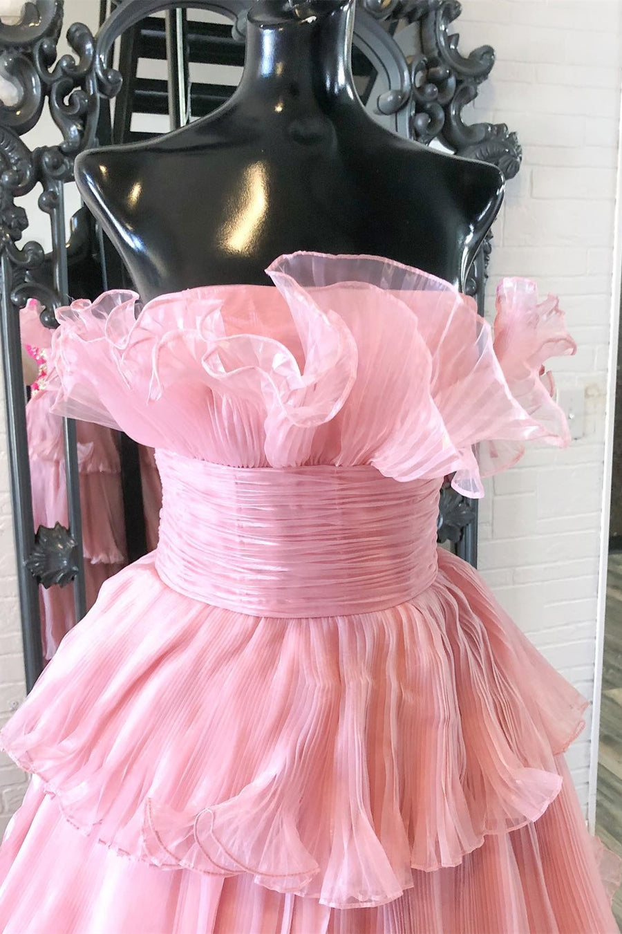 A Line Strapless Princess Tulle Layers Ruffles Long Prom Dress Off Shoulder