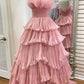 A Line Strapless Princess Tulle Layers Ruffles Long Prom Dress Off Shoulder