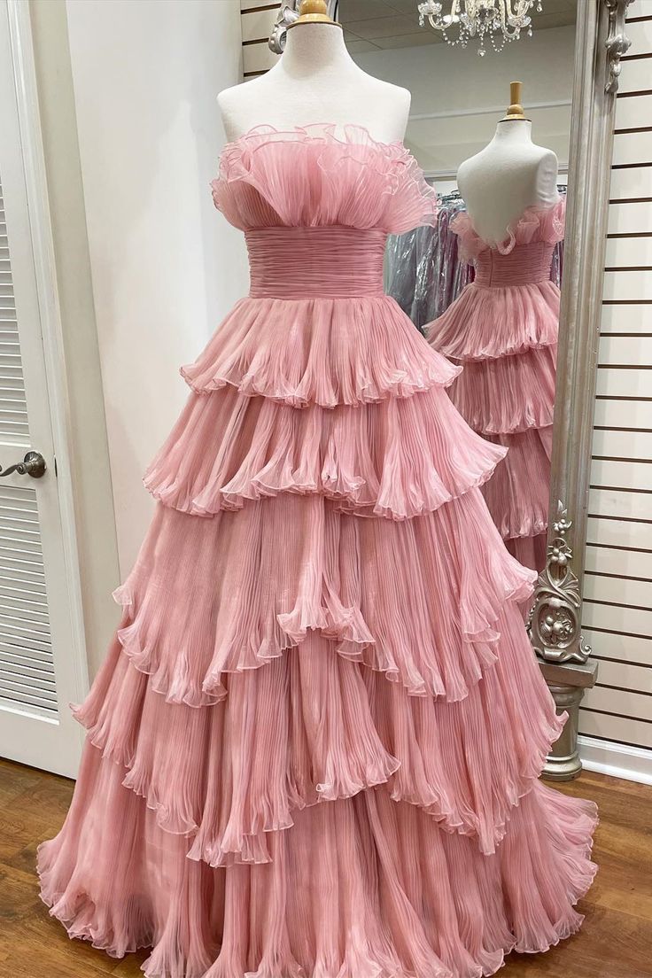 A Line Strapless Princess Tulle Layers Ruffles Long Prom Dress Off Shoulder