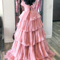 A Line Strapless Princess Tulle Layers Ruffles Long Prom Dress Off Shoulder