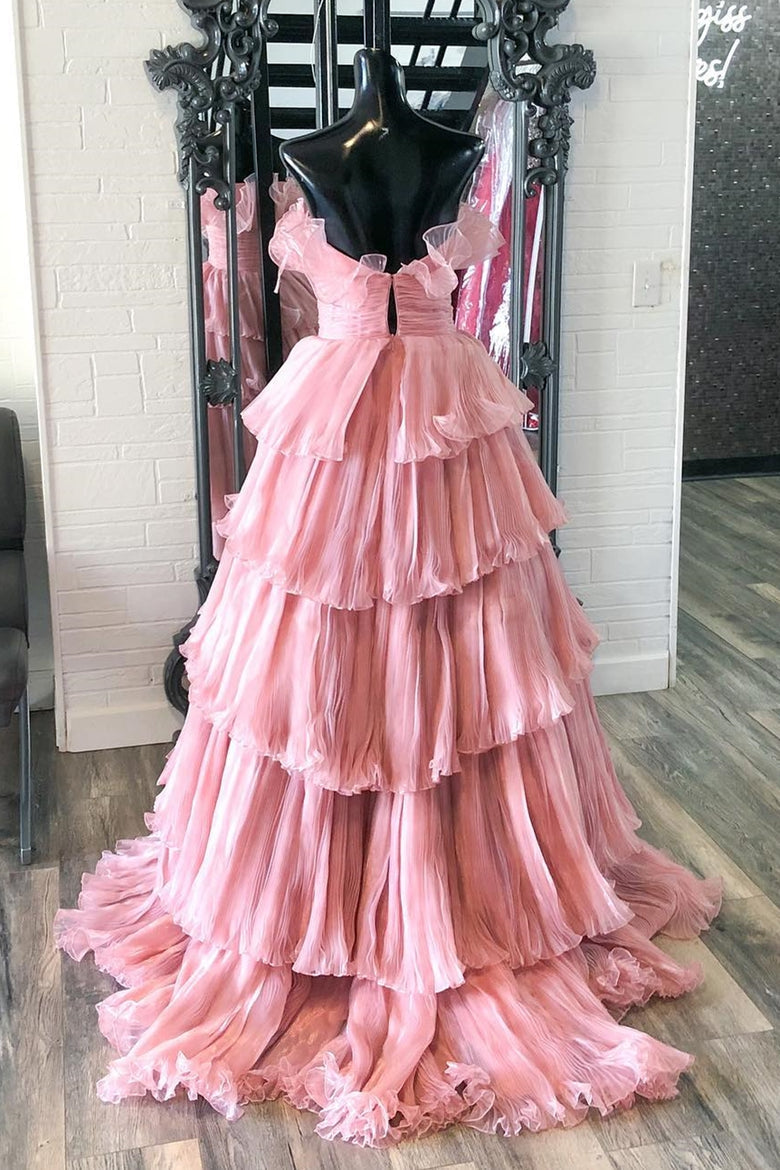 A Line Strapless Princess Tulle Layers Ruffles Long Prom Dress Off Shoulder