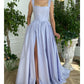 A Line Straps Prom Dresses Open Back Satin With Slit Floor Length With Slit Party Dress