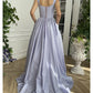 A Line Straps Prom Dresses Open Back Satin With Slit Floor Length With Slit Party Dress