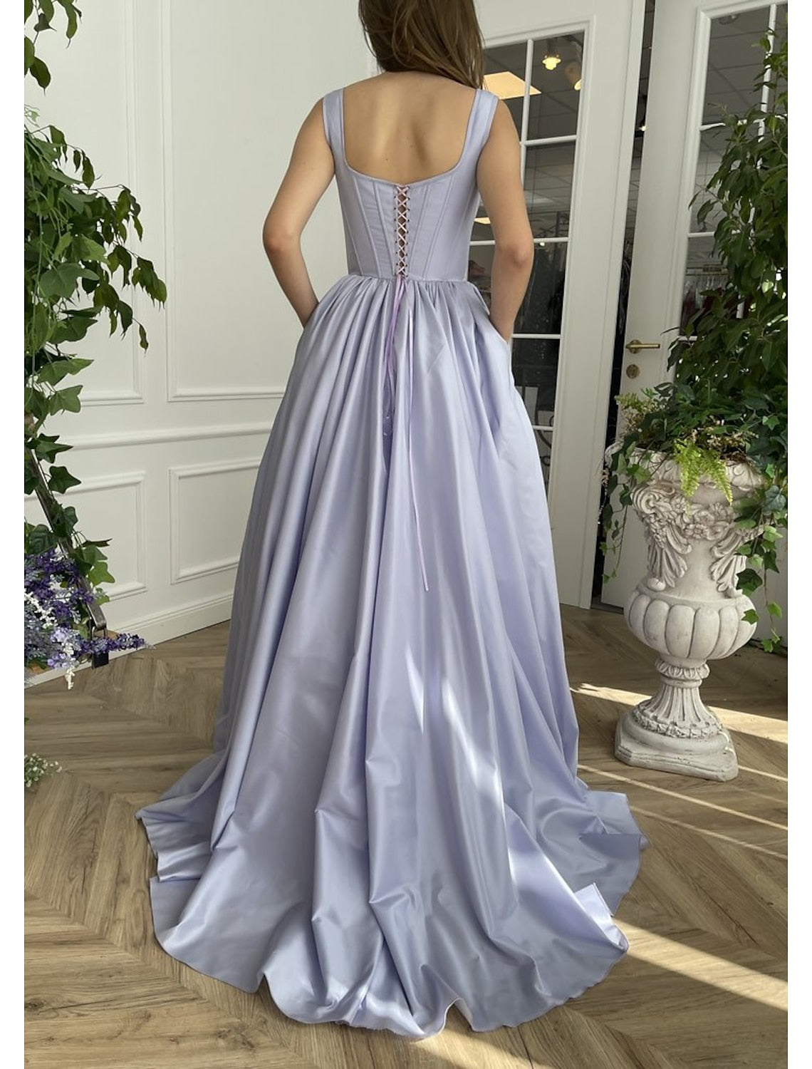 A Line Straps Prom Dresses Open Back Satin With Slit Floor Length With Slit Party Dress