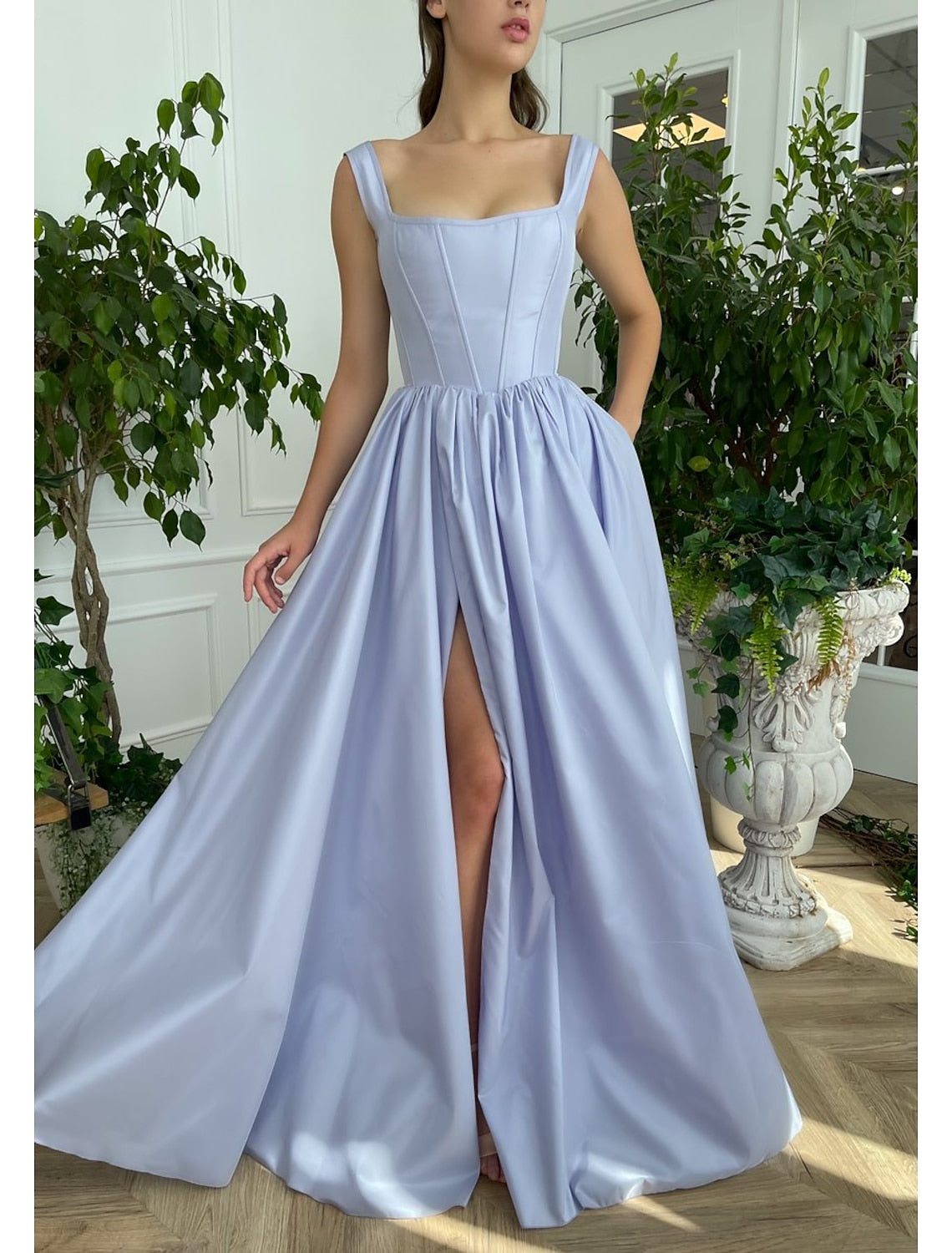 A Line Straps Prom Dresses Open Back Satin With Slit Floor Length With Slit Party Dress