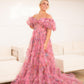 A Line Sweetheart Ruffles Sweep Train Floral Printed Chiffon Prom Dresses Beautiful