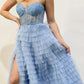 A Line Tulle Layers Spaghetti Straps Split Prom Dress With Appliques With Slit