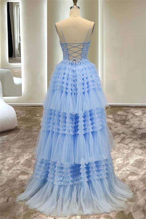 A Line Tulle Layers Spaghetti Straps Split Prom Dress With Appliques With Slit