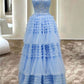 A Line Tulle Layers Spaghetti Straps Split Prom Dress With Appliques With Slit