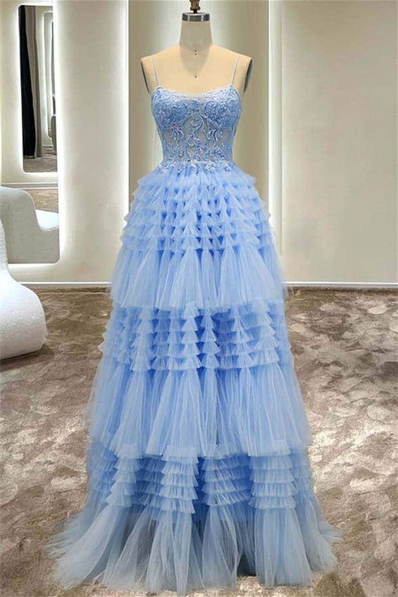 A Line Tulle Layers Spaghetti Straps Split Prom Dress With Appliques With Slit