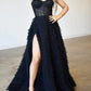 A Line Tulle Layers Spaghetti Straps Split Prom Dress With Appliques With Slit