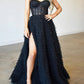 A Line Tulle Layers Spaghetti Straps Split Prom Dress With Appliques With Slit