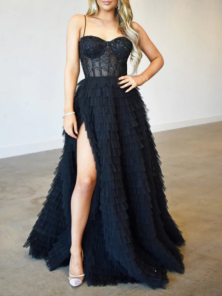 A Line Tulle Layers Spaghetti Straps Split Prom Dress With Appliques With Slit