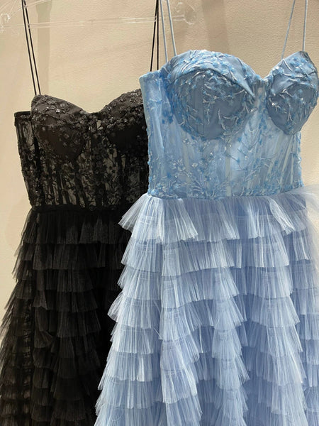 A Line Tulle Layers Spaghetti Straps Split Prom Dress With Appliques With Slit